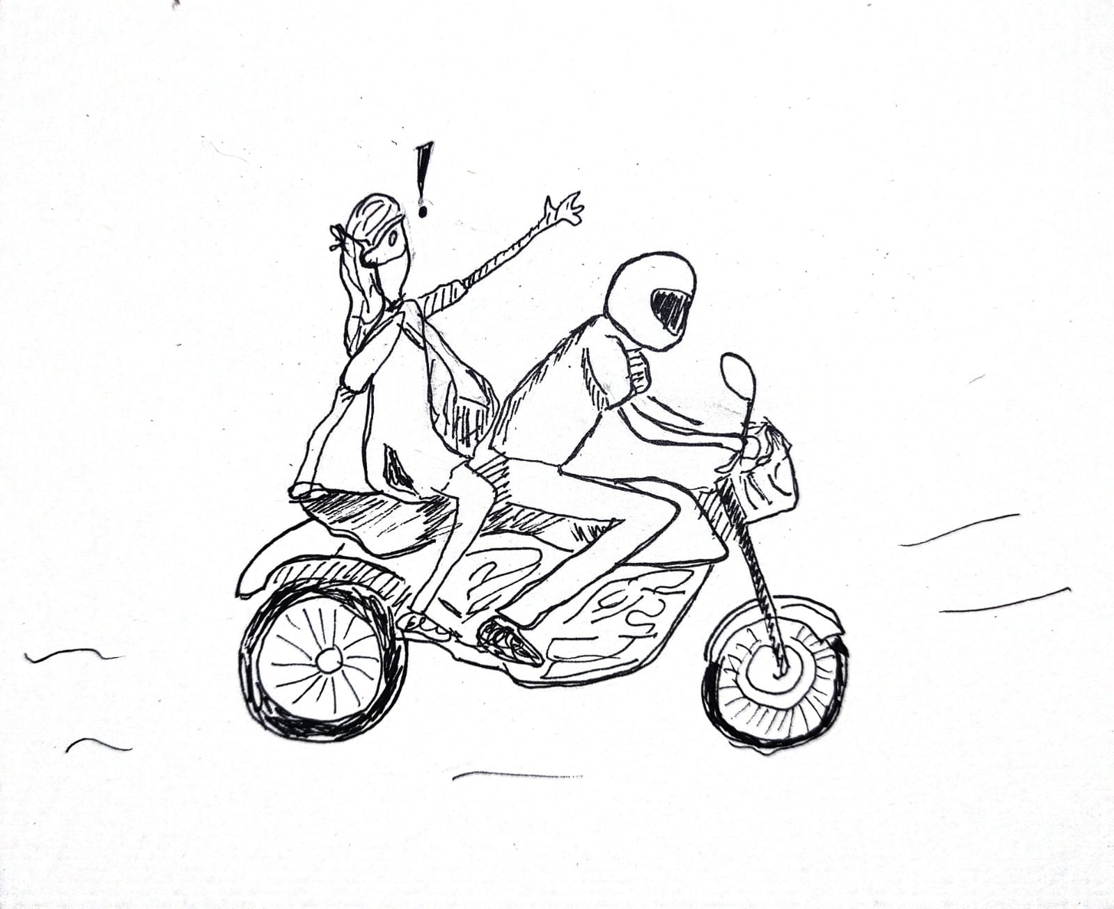 an illustration of a person riding a bike taxi with a scared expression