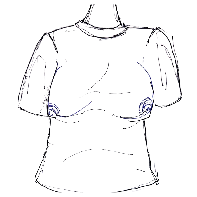 An illustration of person&rsquo;s torso with a t-shirt. the breasts, outlined, are downward facing.