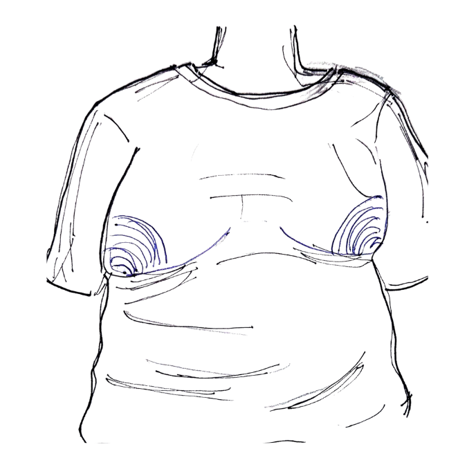 An illustration of fat person&rsquo;s torso with a t-shirt. the breasts, outlined, are sagging downwards.