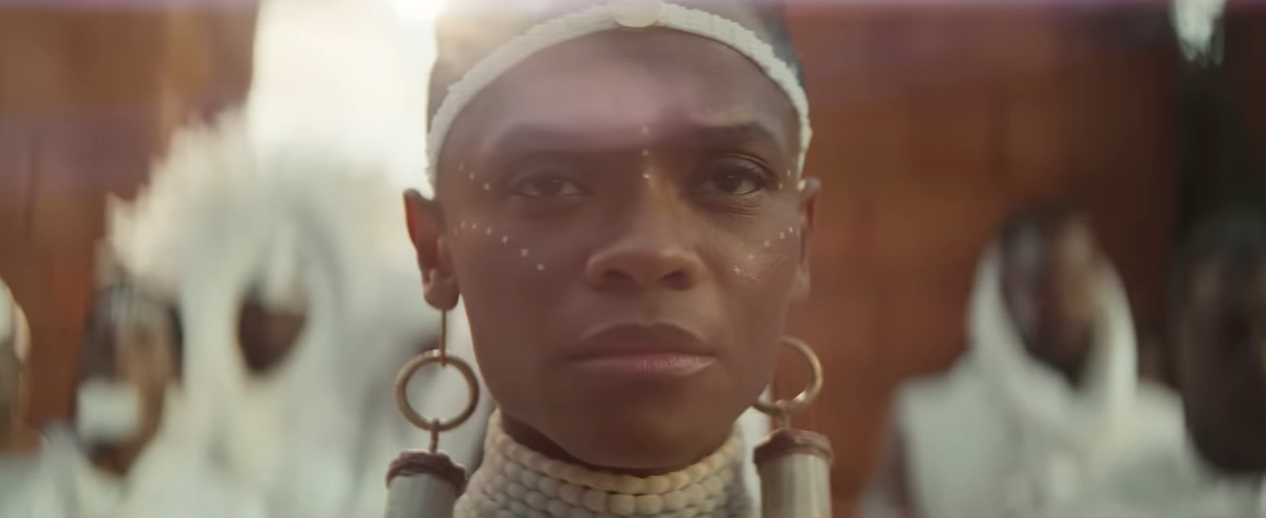 A close up of Shuri&rsquo;s face during T&rsquo;Challa&rsquo;s funeral